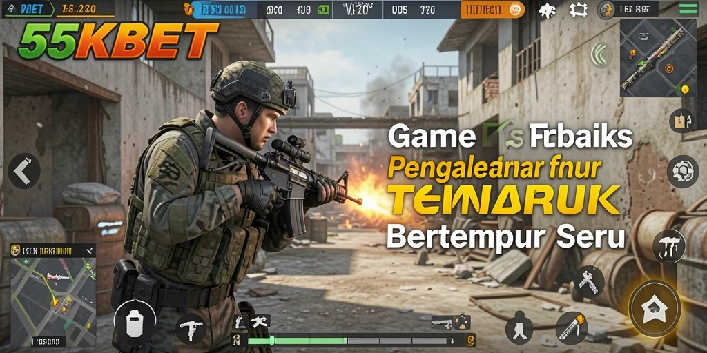 Tangkapan layar gameplay <strong>55KBET</strong> menunjukkan aksi tembak-menembak yang seru.
