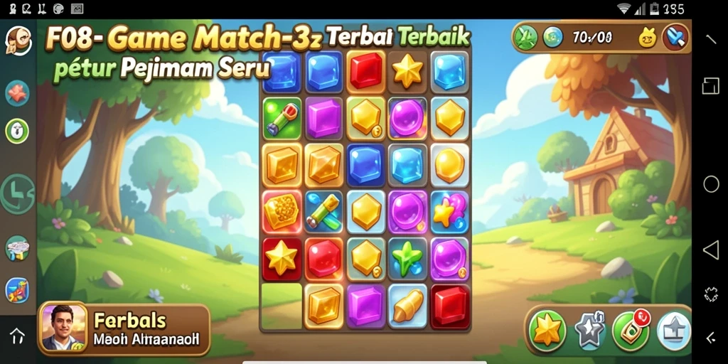 Tampilan gameplay seru F08 dengan permata berwarna-warni yang menyenangkan.