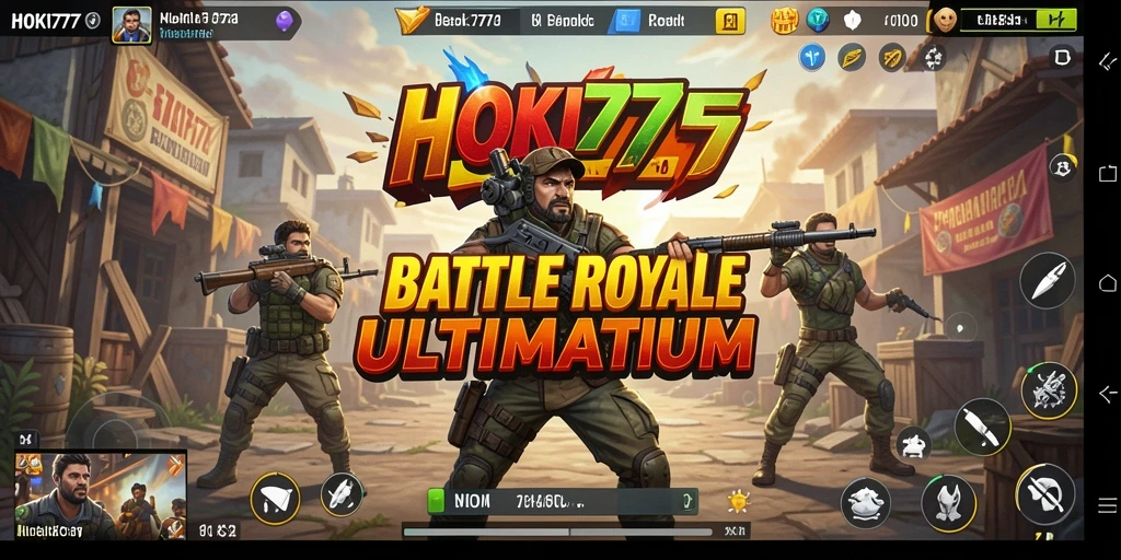 Screenshot HOKI777 menunjukkan aksi pertempuran intens di arena Battle Royale.
