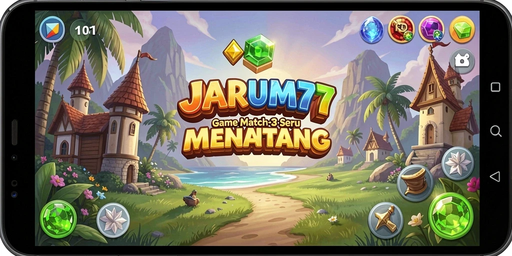 Tampilan gameplay JARUM77 yang menarik dan penuh warna dalam genre Match-3.