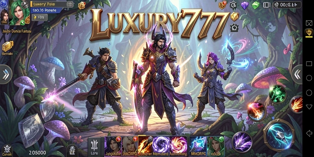 Screenshot gameplay LUXURY777 yang menunjukkan pertarungan epik di dunia fantasi.