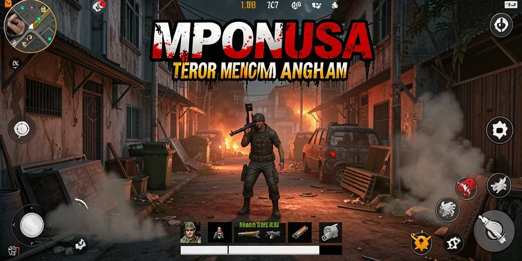 Screenshot gameplay MPONUSA menampilkan suasana mencekam dengan efek pencahayaan dramatis.